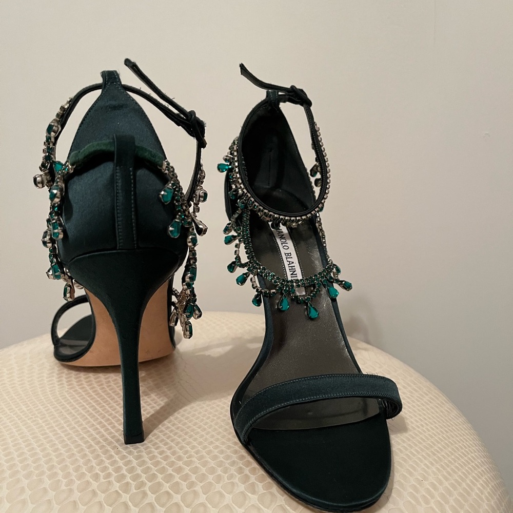 Manolo Blahnik Dark Green Embellished Heels
